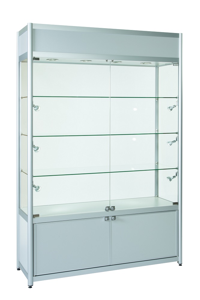Aluminium Double Door Glass Display Cabinet with Storage & Top Branding Canopy
