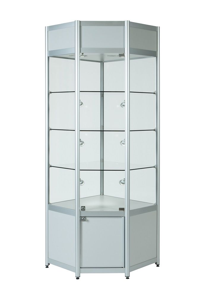 Aluminium Corner Glass Display Cabinet With Storage and Top Section
