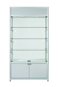 Aluminium Double Door Glass Display Cabinet With Storage & Top Section